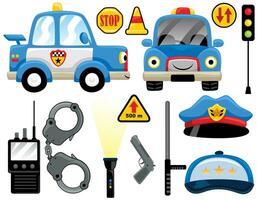 vector conjunto de gracioso policía coche dibujos animados con policía oficial elemento