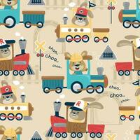 Seamless pattern vector of funny animals cartoon on steam train with railway elements