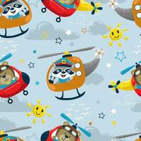 Seamless pattern vector of funny animals cartoon on helicopter