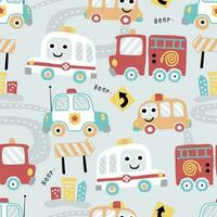 Seamless pattern vector of funny rescue vehicles cartoon with traffic elements