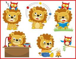 Group of funny lion cartoon with owl in different activities vector