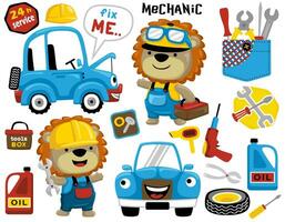 Set of auto repair shop elements with funny mechanic lion vector