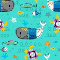 Seamless pattern vector of cute marine animals in doodle cartoon art