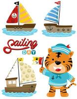 Funny tiger cartoon in sailor costume with set of sailboat vector