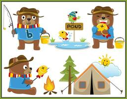 Group of cute bear cartoon in different activities with camping elements vector