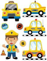 Vector set of taxi cartoon with funny driver