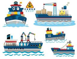 Group of funny cargo ships cartoon vector