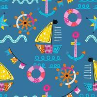 Seamless pattern vector of sailboat cartoon with sailing elements in doodle art style