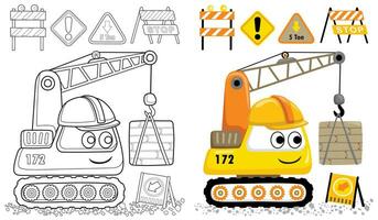Vector cartoon of funny construction vehicle with construction element. Coloring book or page