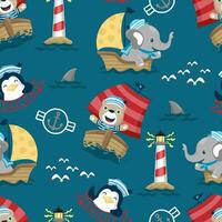 Seamless pattern vector of funny animals on sailboat with sailing elements