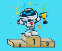 Vector illustration of cute robot cartoon holding trophy on podium