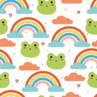 seamless pattern cartoon frog with rainbow and sky element vector