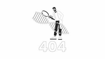 Scientist studying dna strand rotating black and white error 404 animation. Error message gif, motion graphic. Researcher with magnifying glass animated character linear 4K video isolated on white