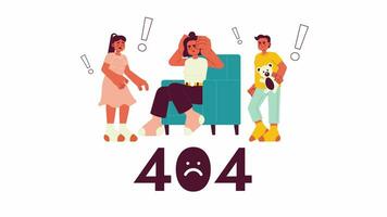 Kids loud noise 404 error animation. Busy stressed mother children error message gif, motion graphic. Annoyed mom, kids arguing animated characters cartoon 4K video isolated on white background