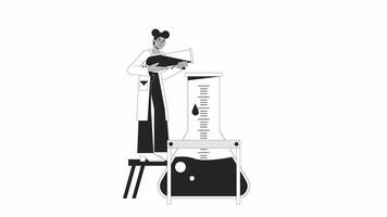 Black researcher pouring chemical into erlenmeyer flask bw outline 2D animation. Woman in lab coat 4K video motion graphic. Experiment monochrome linear animated cartoon flat concept, white background