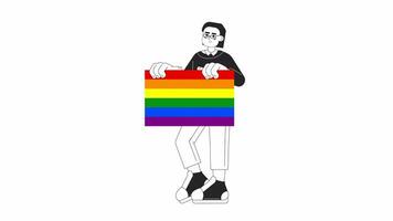 European male homosexual rights activist bw 2D character animation. Pride parade outline cartoon 4K video, alpha channel. Young man queer with rainbow flag animated person isolated on white background video