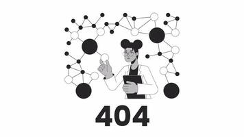 Molecule scientist in lab black and white error 404 animation. Error message gif, motion graphic. African american researcher touching molecule animated character linear 4K video isolated on white