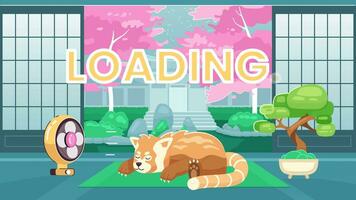 Sleeping red panda in japanese home 2D loading animation. Fan blowing on kawaii animal animated cartoon character 4K video loader motion graphic. Spring, cherry blossom download, upload progress gif