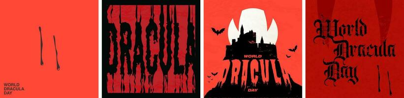 World Dracula Day Poster Set. Minimalist Vampire bite with dripping blood, Dracula typographic design, silhouette of Dracula's castle and moon with vampire fangs. Vector Illustration. EPS 10