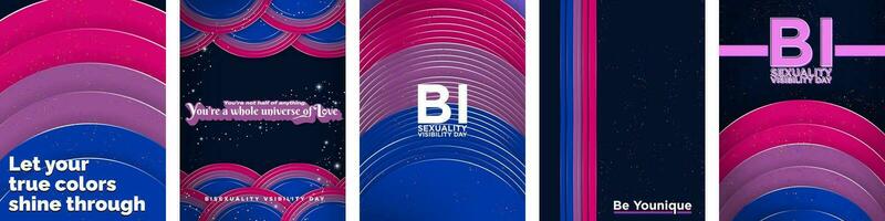 bisexual visibilidad día carteles 3d geométrico diseño plantillas. papel cortar fuera tema en bi orgullo bandera colores. vector ilustración.