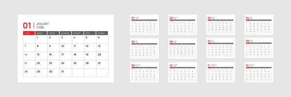 2024 Calendar Planner minimal template design. Vector calendar. Desktop planner in simple clean style. Corporate or business calendar.