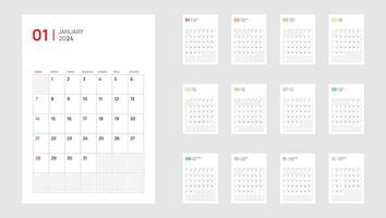 2024 Calendar Planner minimal template design. Vector calendar. Wall planner in simple clean style. Corporate or business calendar.