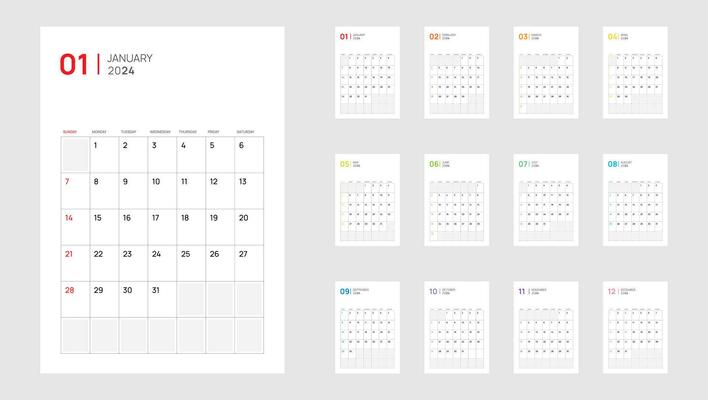 2024 Calendar Planner minimal template design. Vector calendar. Wall planner in simple clean style. Corporate or business calendar.