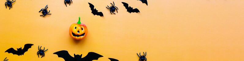 Banner Flatly halloween. Bats, pumpkin face photo