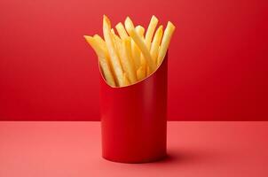 minimalista francés papas fritas en rojo embalaje. generativo ai foto