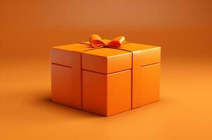 Mockup orange box with bow on orange background. Generative AI photo