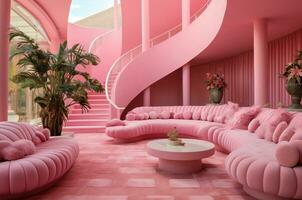 Barbiecore. Pink interior. Pink furniture. Generative ai photo