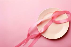 Pink ribbon on a plate. Breast Cancer Day. Generative AI photo