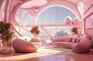 barbiecore. Pink interior. pink furniture. panoramic windows. Generative ai photo