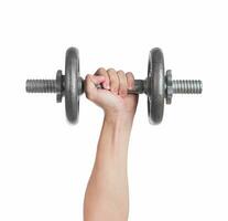 Close up hand men workout dumbbell on white background. photo