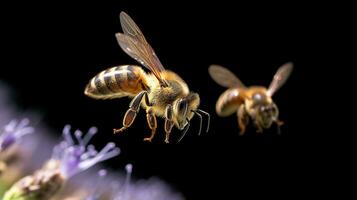 Close up of honey bee collecting pollen on purple flower isolated on black background. AI generative photo