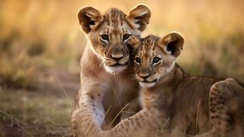 Lion cubs with mother in Masai Mara National Park. AI generative photo