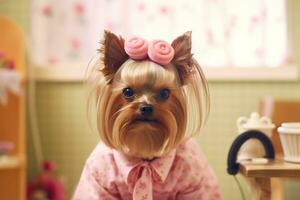 Yorkshire Terrier in pink clothes with a bow on her head. AI generative photo