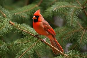 Northern Cardinal on a spruce branch. AI generative photo