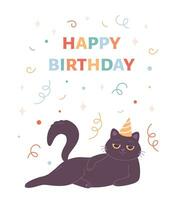 Happy Birthday greeting card with cute cat in party hat. Party, celebration, confetti. vector