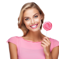 Beautiful Woman Eating Big Pink Lollipop isolated. png