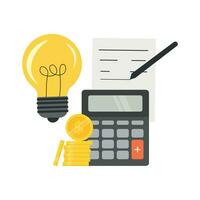 ligero bulbo, calculadora, sábana de papel con bolígrafo y monedas vector