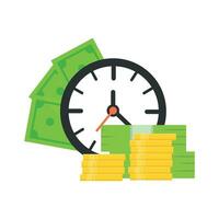 Clock with paper money and a stack of gold coins vector