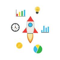 Rocket with graphs, gold coin, clock and light bulb vector