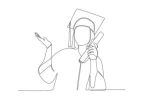 Continuous one-line vector of a female student posing after graduation