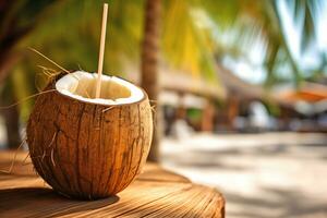 Free photo coconut cocktail with drinking straw on a palm tree in the beach photography Ai generate