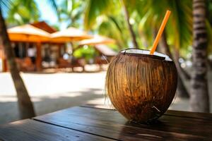 Free photo coconut cocktail with drinking straw on a palm tree in the beach photography Ai generate