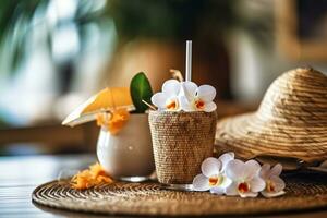 Free photo coconut cocktail decorated plumeria, straw hat and sunglasses on the table photography Ai generate