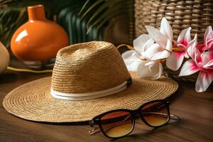 Free photo coconut cocktail decorated plumeria, straw hat and sunglasses on the table photography Ai generate