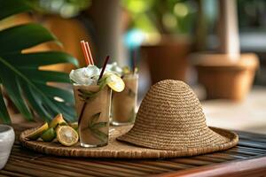 Free photo coconut cocktail decorated plumeria, straw hat and sunglasses on the table photography Ai generate