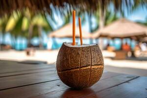 Free photo coconut cocktail with drinking straw on a palm tree in the beach photography Ai generate